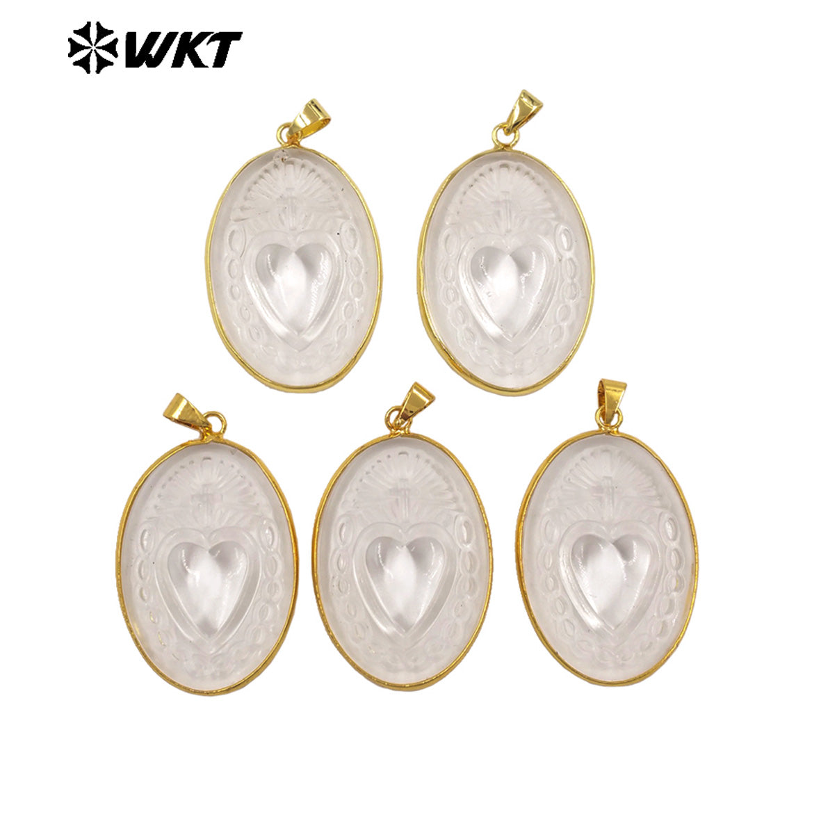 WT-JP514 Beautiful Gold Electroplated Oval Natural Crystal Quartz Heart Shape Pattern Pendant As Women Jewelry Making Accessory
