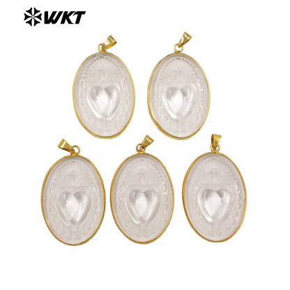 WT-JP514 Beautiful Gold Electroplated Oval Natural Crystal Quartz Heart Shape Pattern Pendant As Women Jewelry Making Accessory