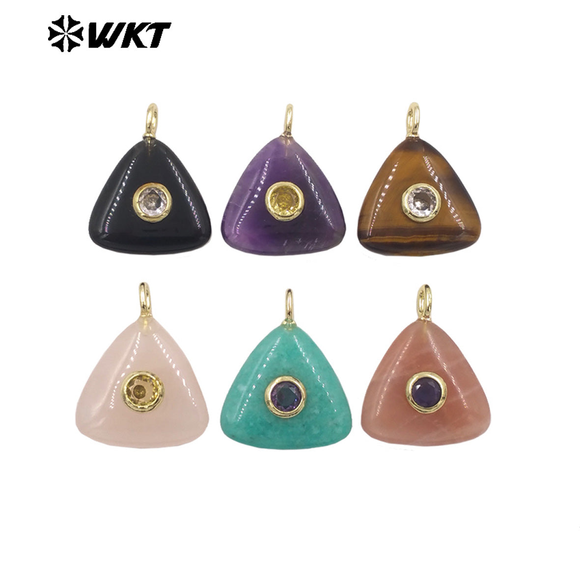 WT-P2021 High Quality Lovely Triangle Rose Quartz Natural Gemstones And Zircon Pendants For Necklace Decoration Charms