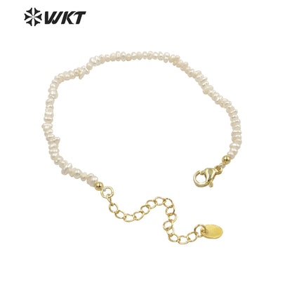 WT-MPB069 Amazing Tiny Potato Shape Freshwater Pearl Bracelet Simple Elegant Hand Strand Gorgeous Pure Pearl Bracelet with Chain