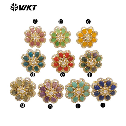 WT-R542 Wholesale Fashion Gold Micro Pave Cubic Zircon With Natural Gemstone Setting Beautiful Women Flower Ring