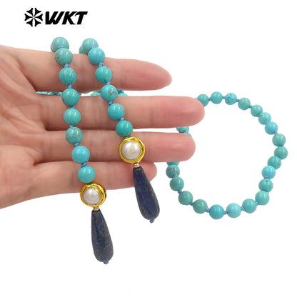 WT-N1501 Gorgeous Natural Turquoise Stone Beads And Gold Plated Pearl With Lapis Pendant Necklace As Women Trendy Accessories