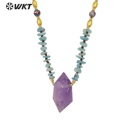 WT-N1377 Fashion Gemstone Bead Chain Quartz Bead With 18k Real Gold Plated Necklace Amethyst Pendant Natural Crystal Necklace