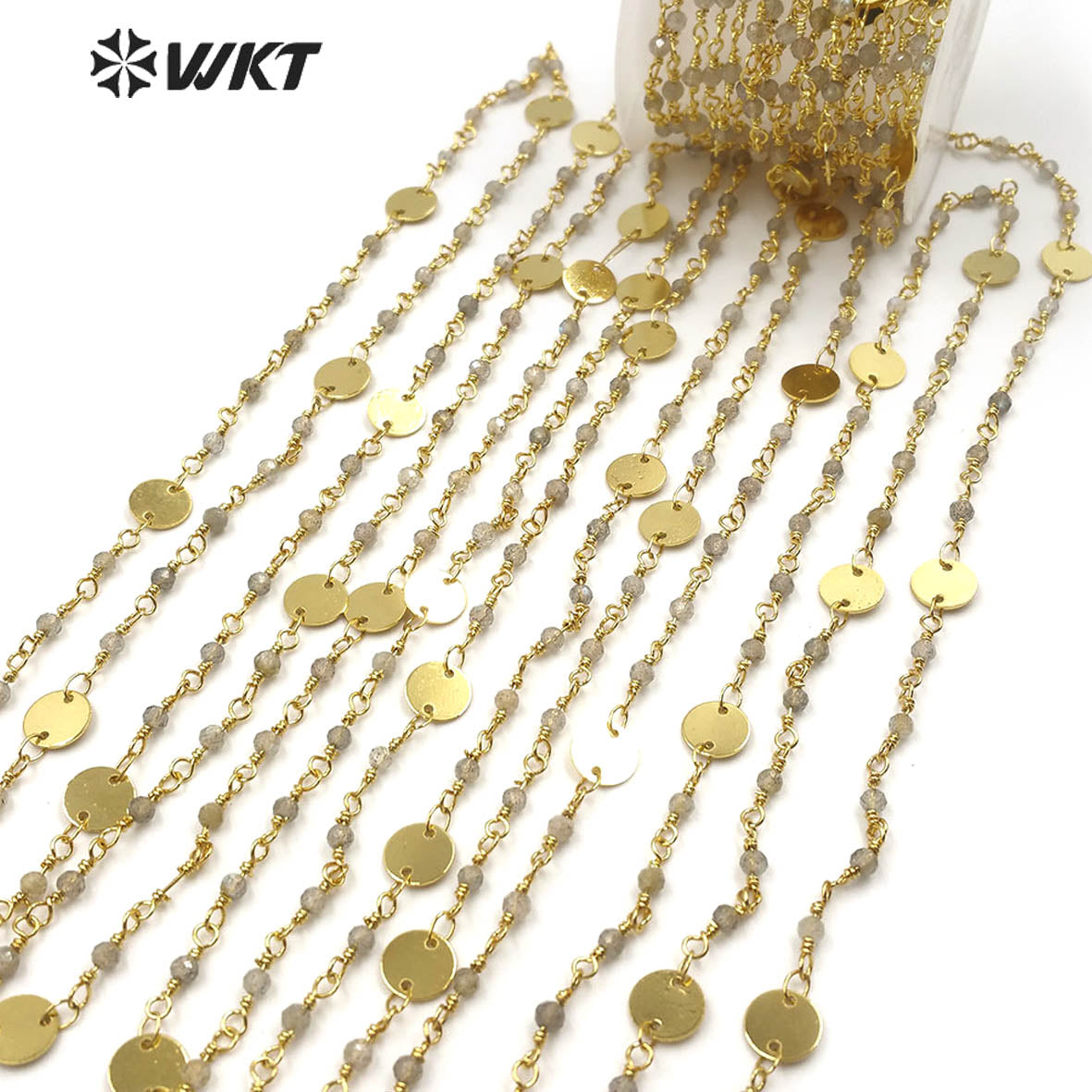 WT-RBC149 Shiny Labradorite Beads Chain Stylish Gold Plated Labradorite Rosary Beads Chain for DIY Jewelry Making