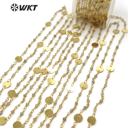 WT-RBC149 Shiny Labradorite Beads Chain Stylish Gold Plated Labradorite Rosary Beads Chain for DIY Jewelry Making