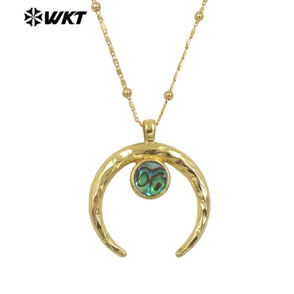 WT-JN275 Wholesale New Big Brass Gold Plated Natural Abalone Shell Crescent Horn Necklace for Women Jewelry