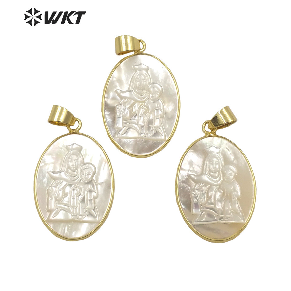 WT-JP265 Newest Hand Carved White Mother of Pearl Shell Mother and Son Image Pendant Gold Bezel Oval Religious Jewelry Pendant