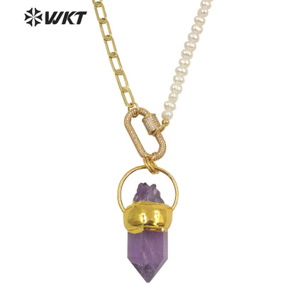WT-N1303 Wholesale 18k Real Gold Plated Gorgeous Natural Amethyst Stone Necklace in 16 Inch Women Pearl Chain Stone Necklace