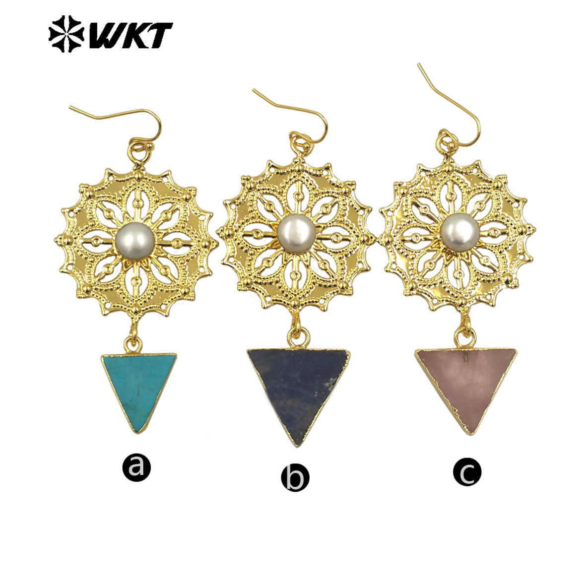 WT-MPE151 Wholesale Newest Design Ladies Fashion Gold Plated Natural Freshwater Pearl Earrings With Triangle Stone Charm
