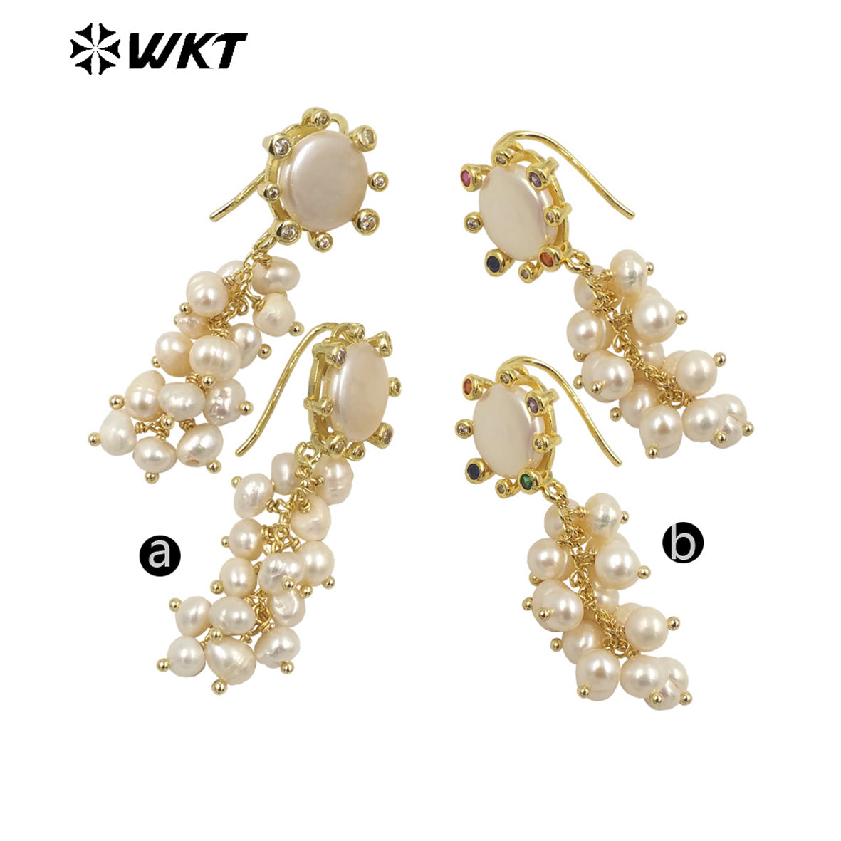 WT-MPE095 Wholesale Fashion Tiny Pearl Long Dangle Earrings Gorgeous Handmade Claw Setting Zircon Pearl Studs for Wedding