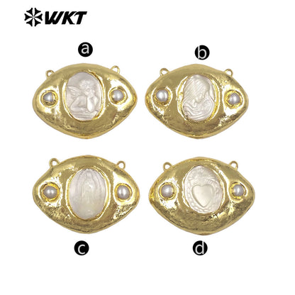 WT-PC020 Newest Gold Electroplated Mother Of Pearl Religious Patterns Charms Connector With Double Hoops For Necklace Handmade