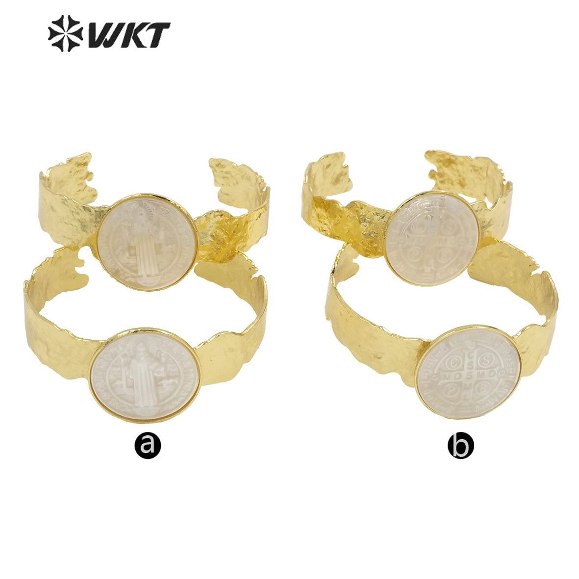 WT-MPB083 WKT New Religious Mother of Pearl St. Benedict Bangle Christian Virgin Mary Bangle Women Adjustable Shell Bangle