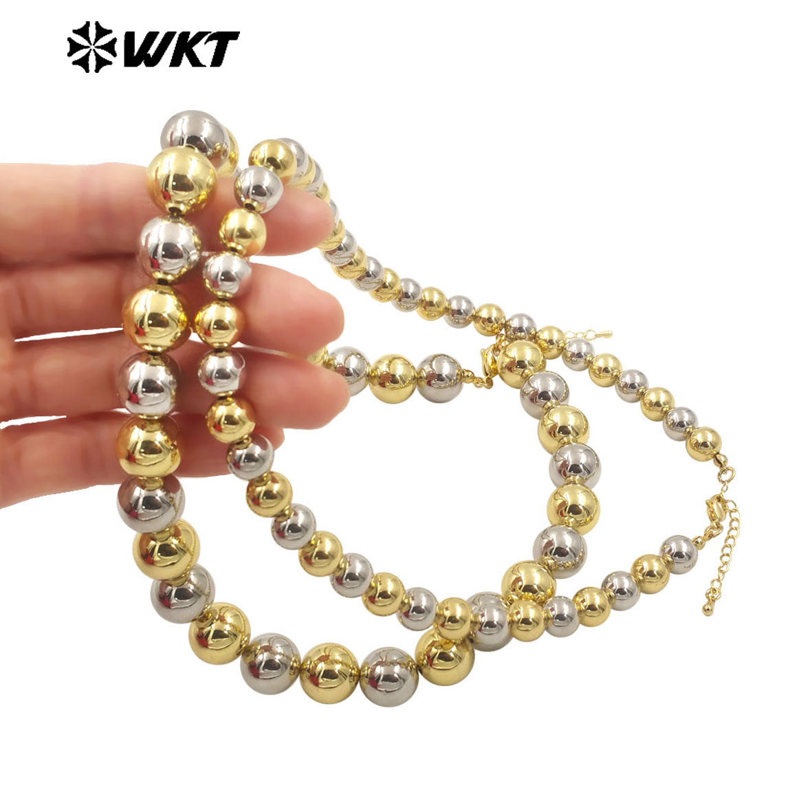 WT-JFN11 Wholesale New Popular Design Double Color Mixsure Unique Women Big Metal Ball Beads Hand Strand Necklace With Extend