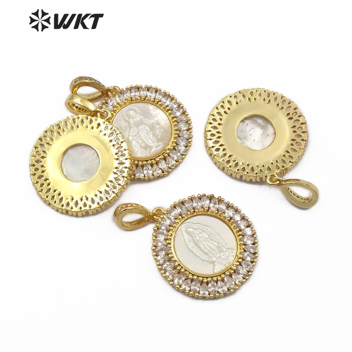 WT-MP115 Hot Sale Jewelry Fashion Virgin Mary Guadalupe Benedict 18K Gold Plated Round Shape Religious CZ Pave Pendant