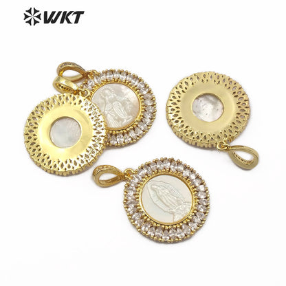 WT-MP115 Hot Sale Jewelry Fashion Virgin Mary Guadalupe Benedict 18K Gold Plated Round Shape Religious CZ Pave Pendant