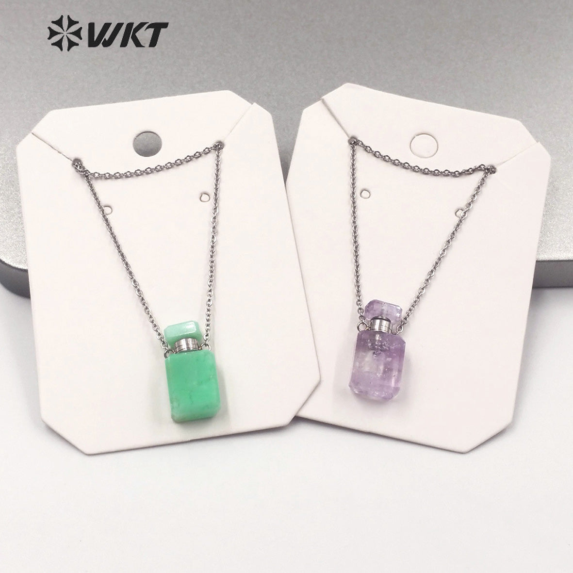WT-N1240 WKT New Design Small Size Stainless Steel Chain Stone Bottle Necklace Mini square Steel France Perfume Bottle Necklace
