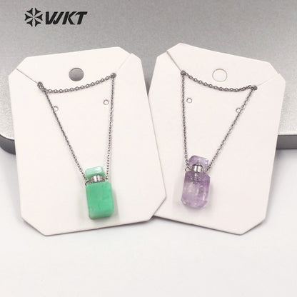 WT-N1240 WKT New Design Small Size Stainless Steel Chain Stone Bottle Necklace Mini square Steel France Perfume Bottle Necklace