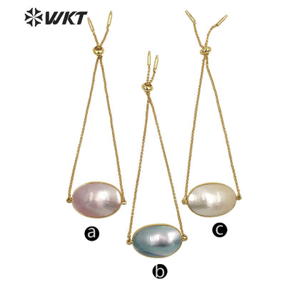 WT-MPB085 Wholesale Fashion Gold Plated Bullet Shape Chain Bracelet With Flash Mabe Shell Bracelet Women Wedding Bracelets