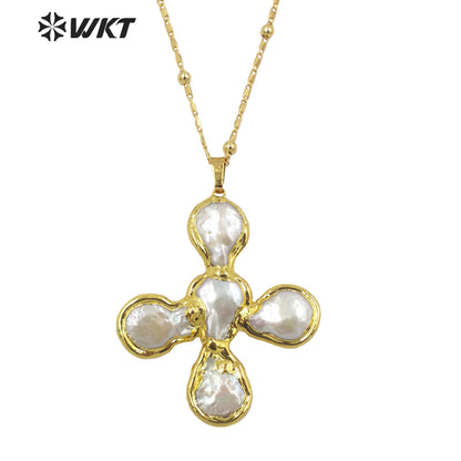 WT-JN168 WKT Drama Style Fashion Design Flower Shape Natural Freshwater Pearl Cross Necklace Jewelry Accessory Necklaces