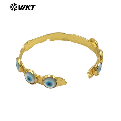 MPB112 Lovely Energy 18K Real Gold Bezel Setting Natural Shell Turkey Eye Bangle in Adjustable Open Cuff