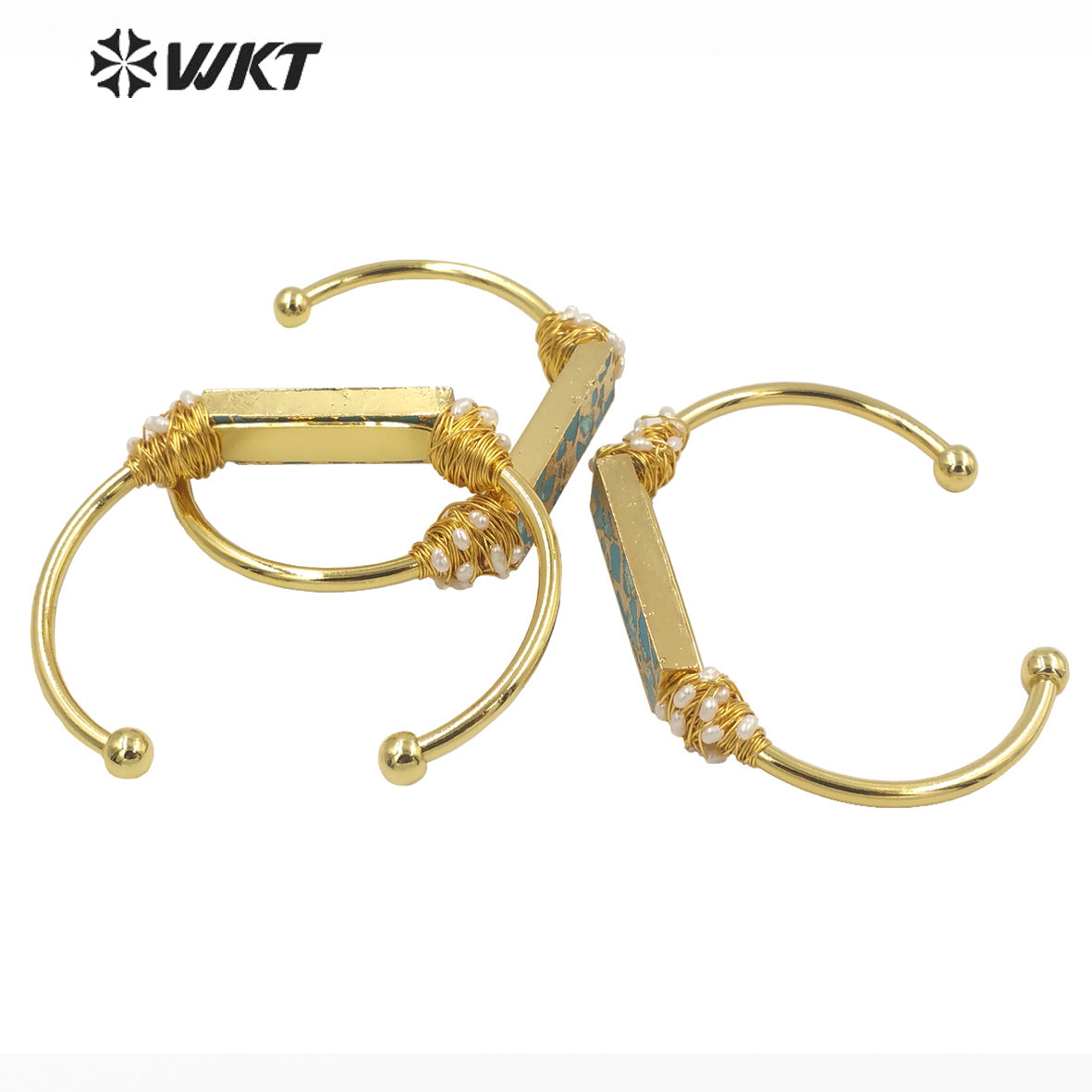 WT-B581 Wholesale Fashion Chic Lady Gorgeous Copper Turquoise Stone Bangle 18k Real Gold Plated Resist Tarnishable Wire Bangle