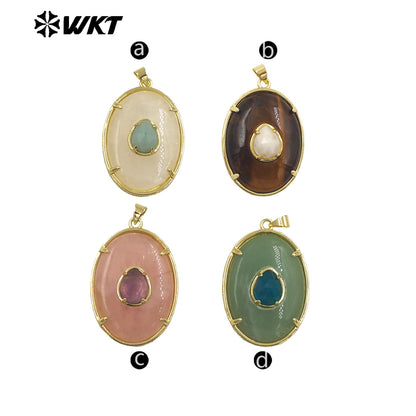 WT-P2066 Newest Gold Electroplated Colorful Natural Gemstones With Zircon Round Pendants As Handmade Necklace Findings