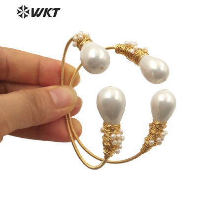 WT-MPB014 Amazing Double Pearl Bangle in Adjustable Size Women Fashion Gold Water Drop Shell Cuff Bangle With Charms Jewelry
