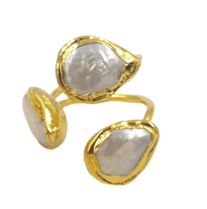 WT-R372 Newest Triple Stone Pearl Women Ring Gold Electroplated Stone Ring Fashion Adjustable Cat Eye Stone Anneversary Ring