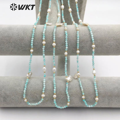 WT-N1181 Classic Fashion Pearl With 3mm Amazonite Faceted Beads Necklace Women High Quality Natural Amazonite Beads Necklace