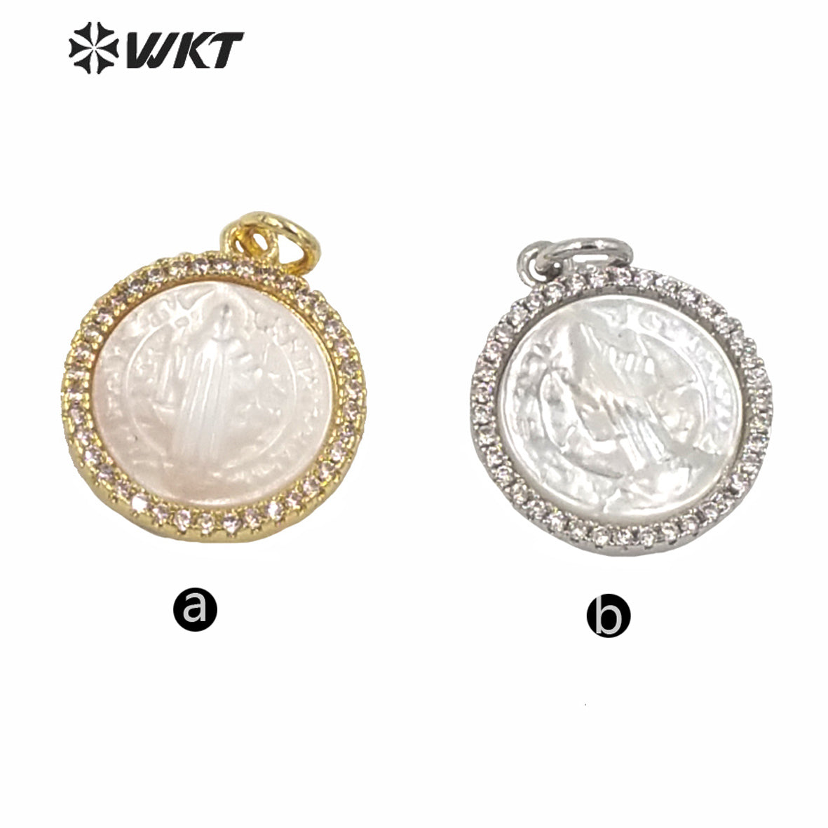 WT-MP164 Wholesale New Gold Electroplated Cubic Zircon Round Jehovah People Image Pendant 15mm Christian White Shell Pendant