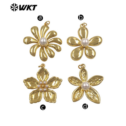 WT-P2079 Boutique Fashion Gold Plated Brass And Artificial Pearl Flowers Shape Pendants As Girls Handmade Jewelry Findings
