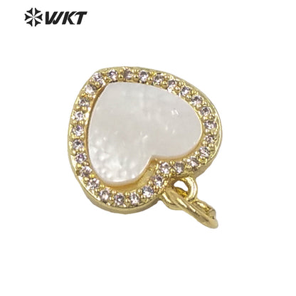 WT-MP199 Newest Tiny Charm Natural Mother of Pearl Shell With CZ Setting Lady Gold Bezel White Heart Charms in Shell