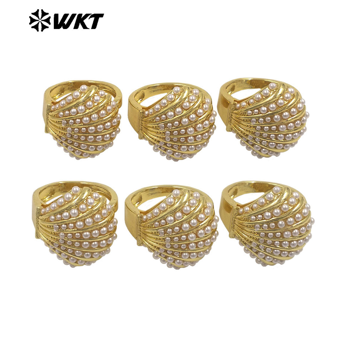 WT-MPR163 Wholesale Luxury Delicate Gold Plated Artificial Pearl Metal Shell Shape Ring For Lady Wedding Wearing Jewelry