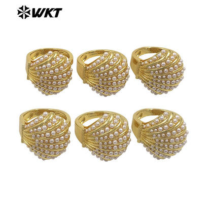 WT-MPR163 Wholesale Luxury Delicate Gold Plated Artificial Pearl Metal Shell Shape Ring For Lady Wedding Wearing Jewelry