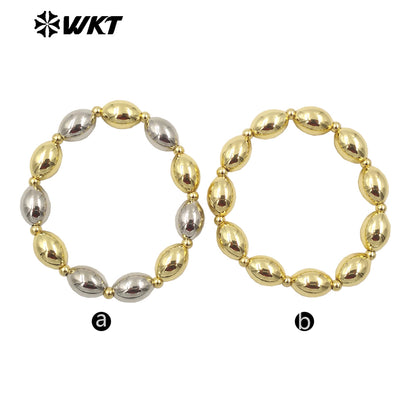 WT-JF348 Wholesale 18k Real Gold Plated Unique Steel and Gold Mixsure Bullet Brass Beads Stretch Bracelets