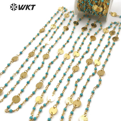 WT-RBC147 Wholesale Turquoise Beads Chain Stylish Gold Plated Turquoise Rosary Beads Chain for DIY Jewelry Making