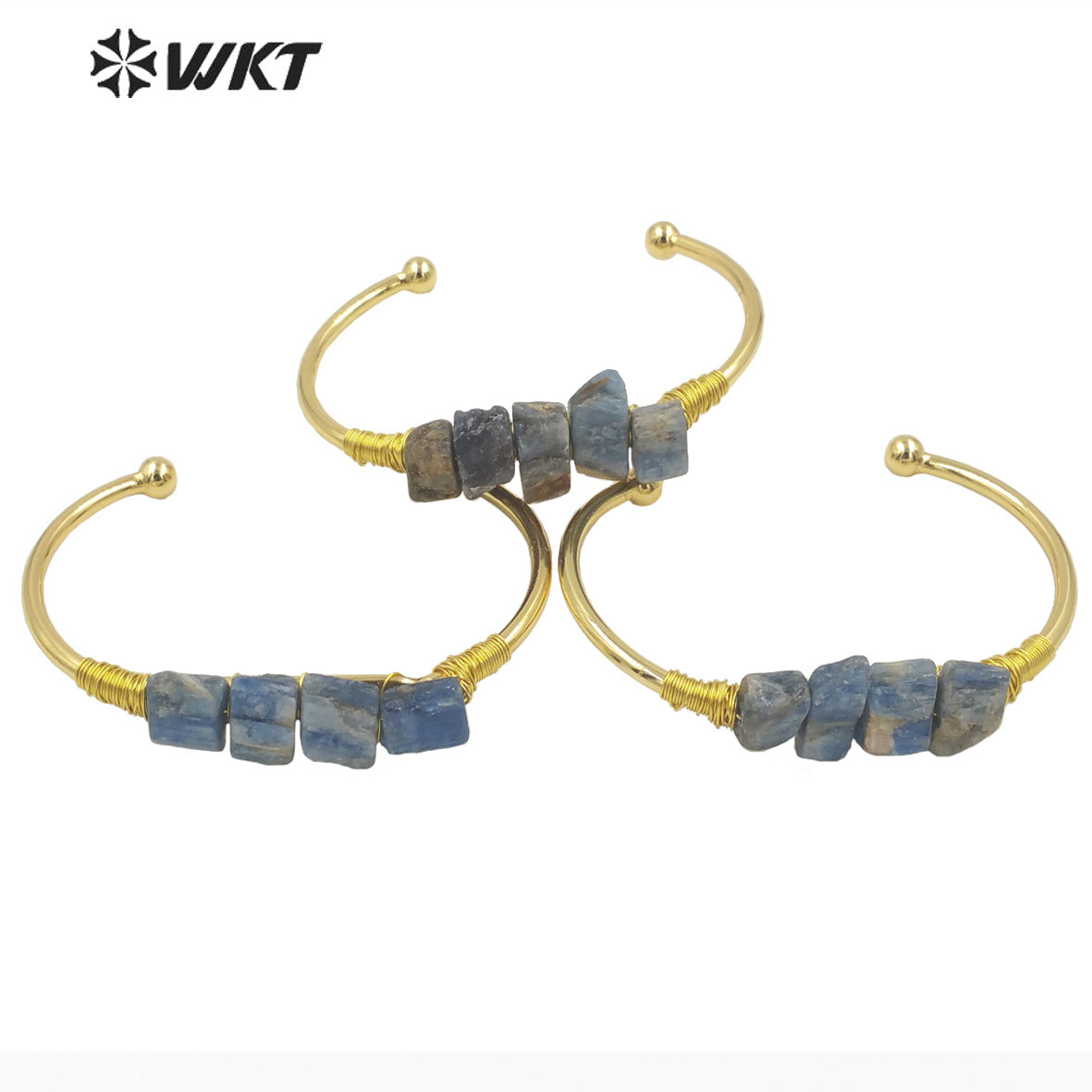 WT-B596 WKT Blue Natural Stone Blue Kyanite Opening Adjustable Gold Plated Bangle Beautiful Women Fashion Vintage Style Bangle
