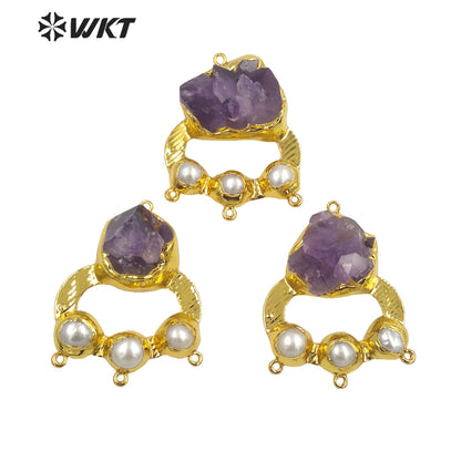 WT-P1950 Wholesale Fashion Handmade Carved Natural Amethyst and Pearl Pendant for Lady Necklace Design Pendants