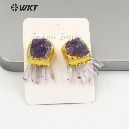 WT-E650 Wonderful Fashion Gold Electroplated Amethyst Stone Studs Earrings Women Beautiful Nice Earrings Charming and Cute