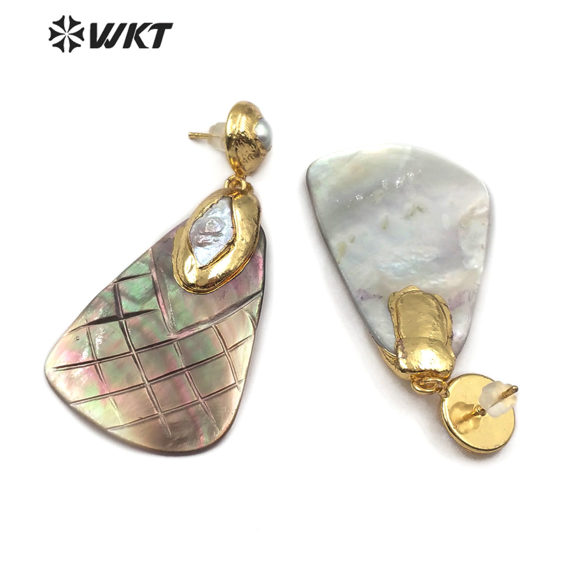 WT-E501 Fashion Jewelry Natural Shell and Pearl Earring Dainty Carved Black Shell Pendant With Rhonbus Pearl Charm Gold Earring