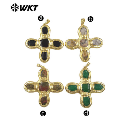 WT-P2034 Good Quality Trendy Style 18K Gold Plated Five Natural Stones Cross Pendants For Women Fashion Necklace DIY Findings