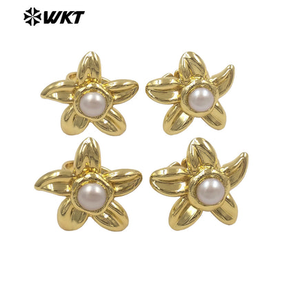 WT-MPR170 Popular Design 18K Gold Electroplated Natural Freshwater Pearl Flower Shape Ring Adjustable Size For Girls Jewelry