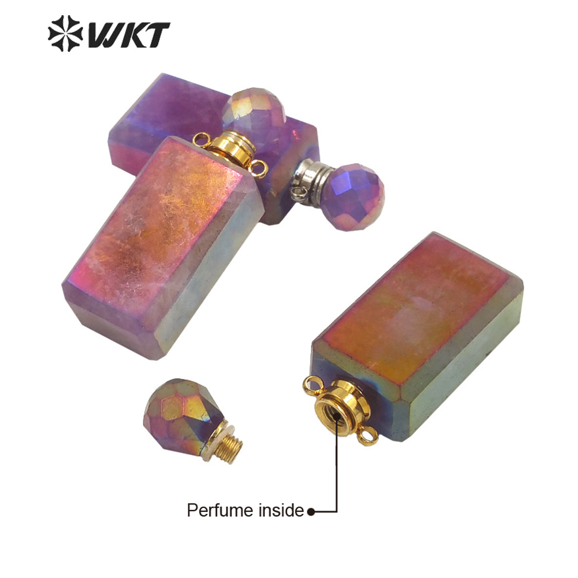 WT-P1645 Wholesale Newest Long square Amethyst Perfume Bottle Pendant for Necklace Design Stainless Steel Essencial Oil Bottle