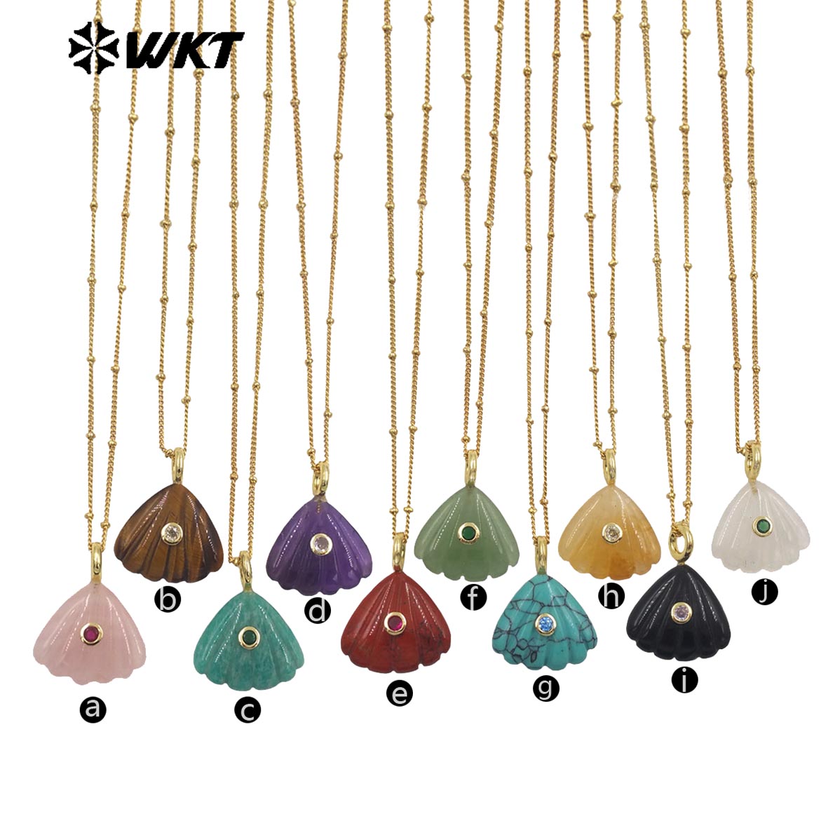 WT-N1513 Ocean Style Gold Chain And Natural Gemstones Hand Carved Shell Shape Pendant Necklace For Female Vacation Matching