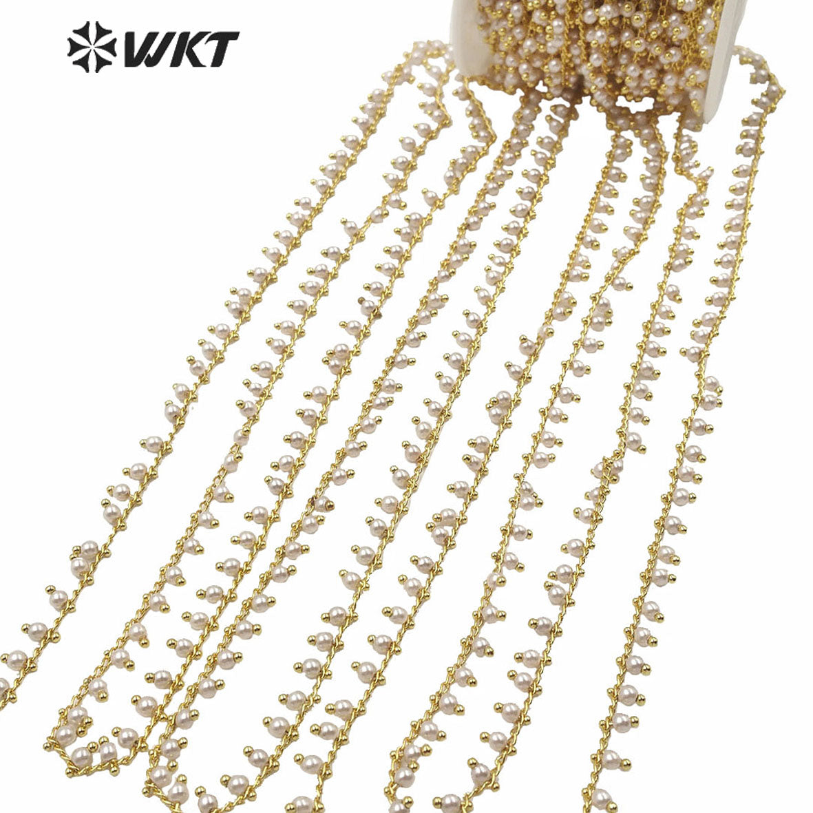 WT-RBC167 Gorgeous Hand Make Shell Pearl Beads Chain for Fashion Jewelry Design Gold Electroplated 4mm Beads Necklace Chain
