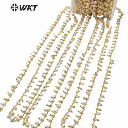 WT-RBC167 Gorgeous Hand Make Shell Pearl Beads Chain for Fashion Jewelry Design Gold Electroplated 4mm Beads Necklace Chain