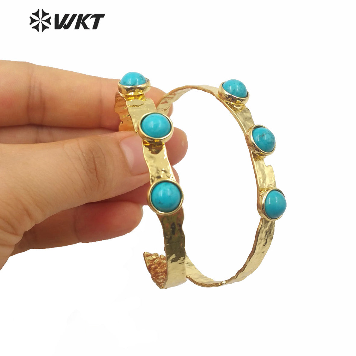 WT-B553 WKT Exclusive Design Triple Stone Bangle Women Gold Electroplated Adjustable Triple Turquoise Stone Cuff Bangle