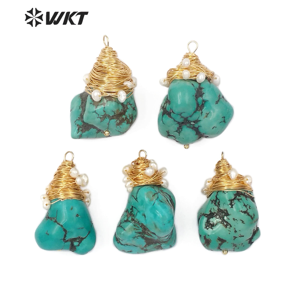 WT-P1444 Natural Stone Necklaces Pendant With Copper Wire Charm White Beads Embellishment Green Pendant Turquoise Pendant