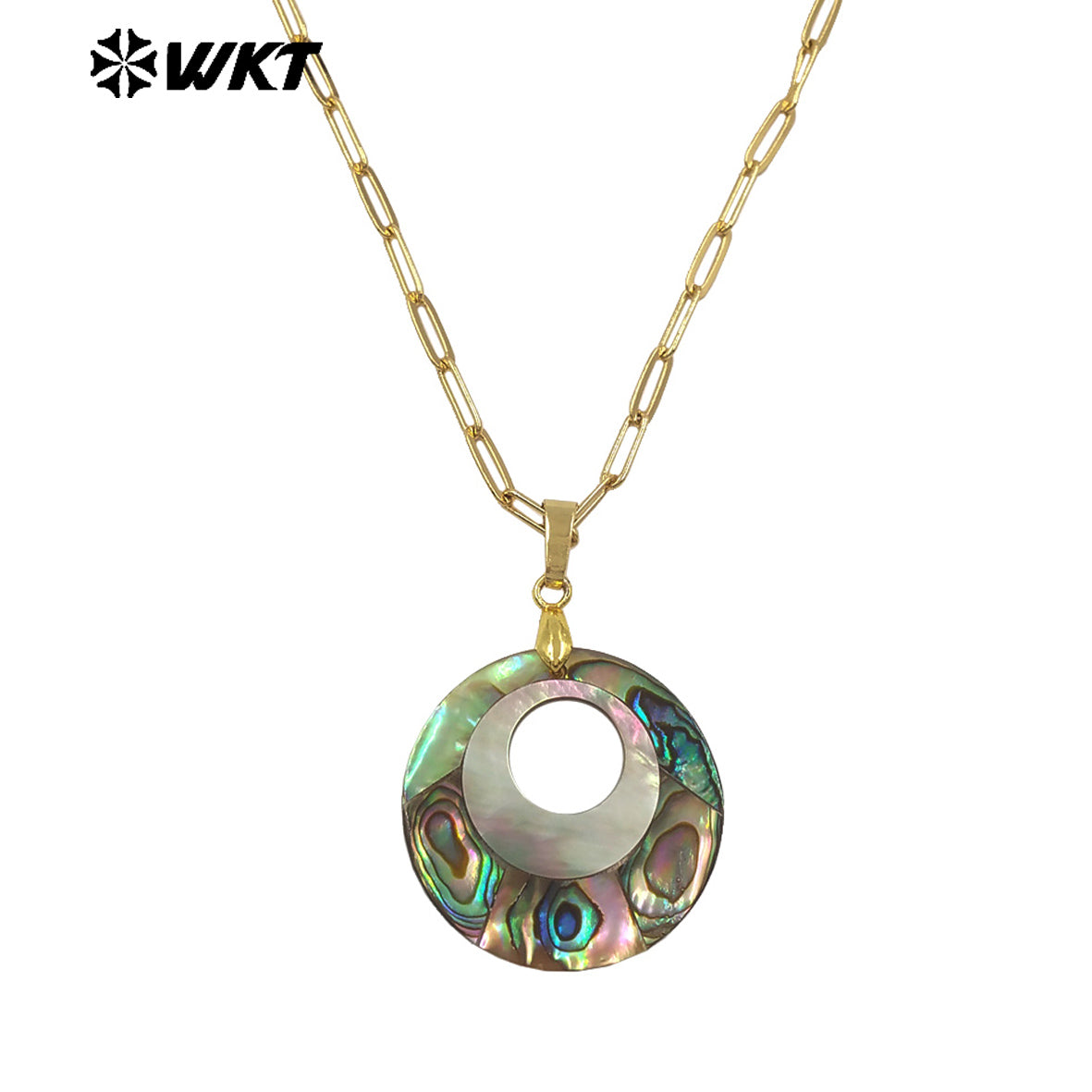 WT-JN350 Vintages Gold Electroplated Rectangle Chain With Natural Abalone Shell Round Hollow Pendant Ladies Necklace Jewelry