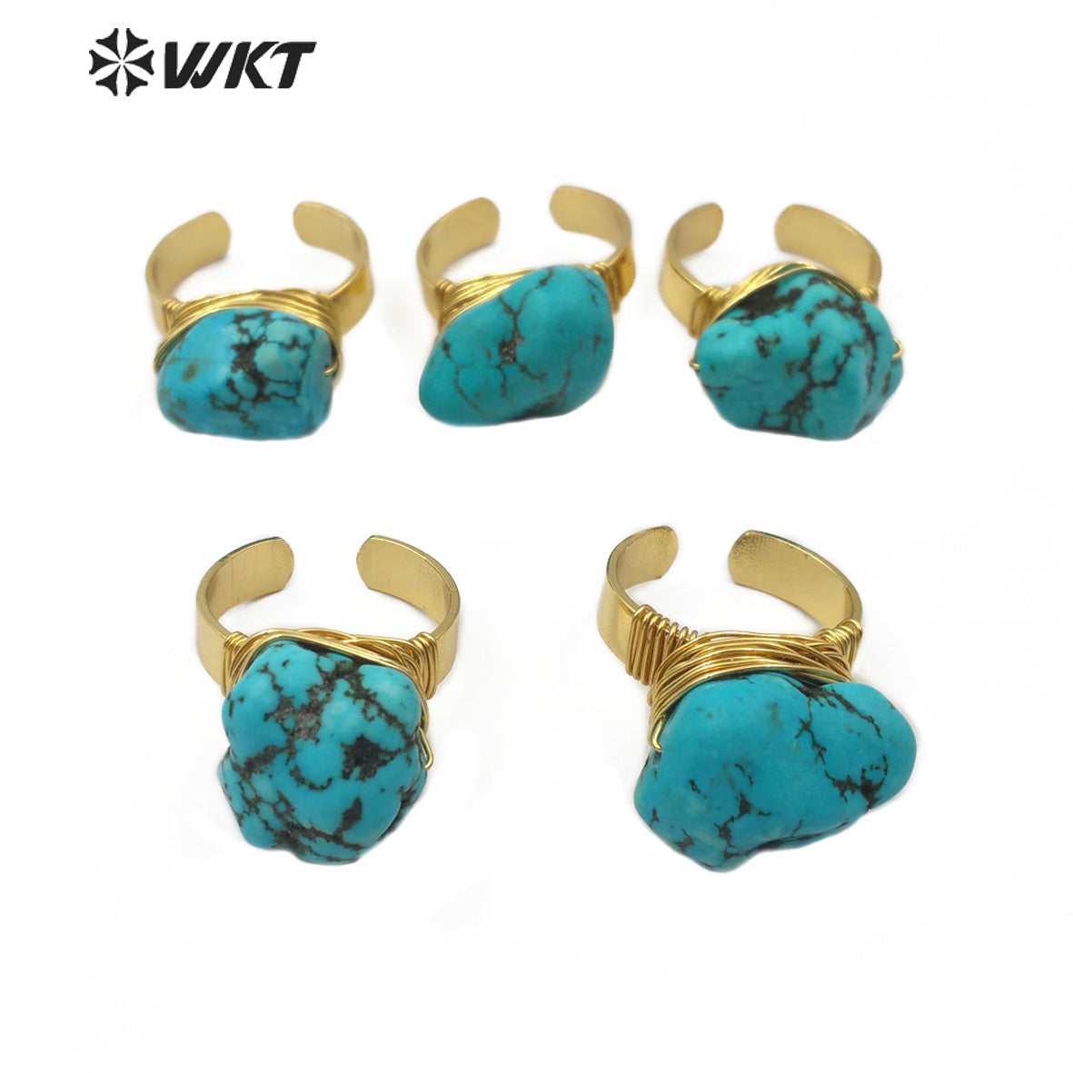 WT-R343 Wholesale Chunky Turquoise Ring Natural Turquoise Ring With Gold Electroplated Adjustable Size Women Elegant Charm Ring